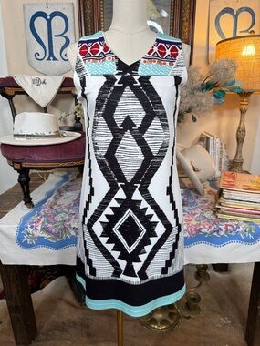 Aryeh Black & White Geo Print Sleeveless Dress with Aqua Accents